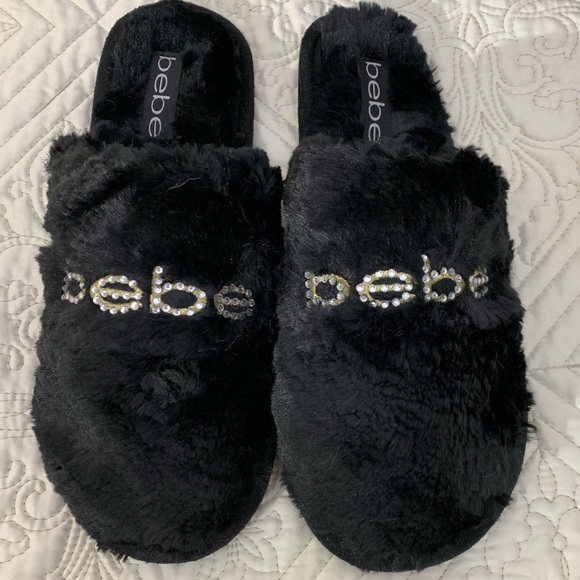 NWB BEBE BLACK FAUX FUR SLIPPERS - Picture 5 of 7